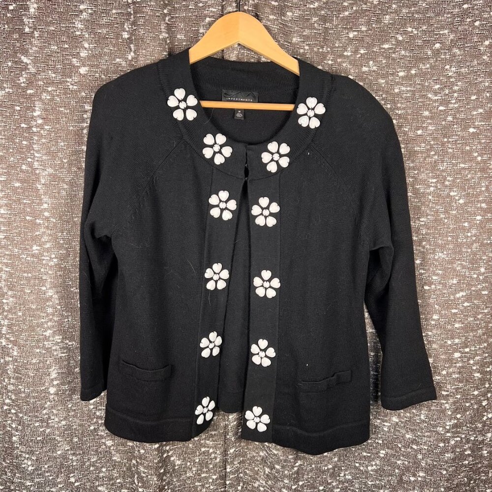 Investments M Women Cotton Cardigan Sweater Black White Floral Beads 3/4 Sleeve